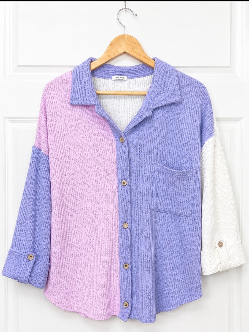 Lovely Melody Colorblock Waffle Knit Boho Coastal Button Top Medium